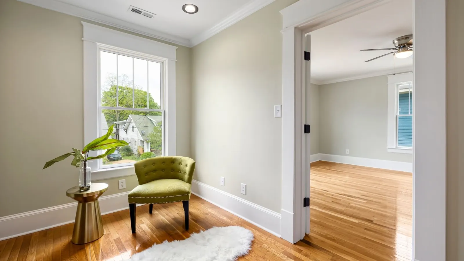 Bedroom corner cleaned and staged for vacation rental guest readiness