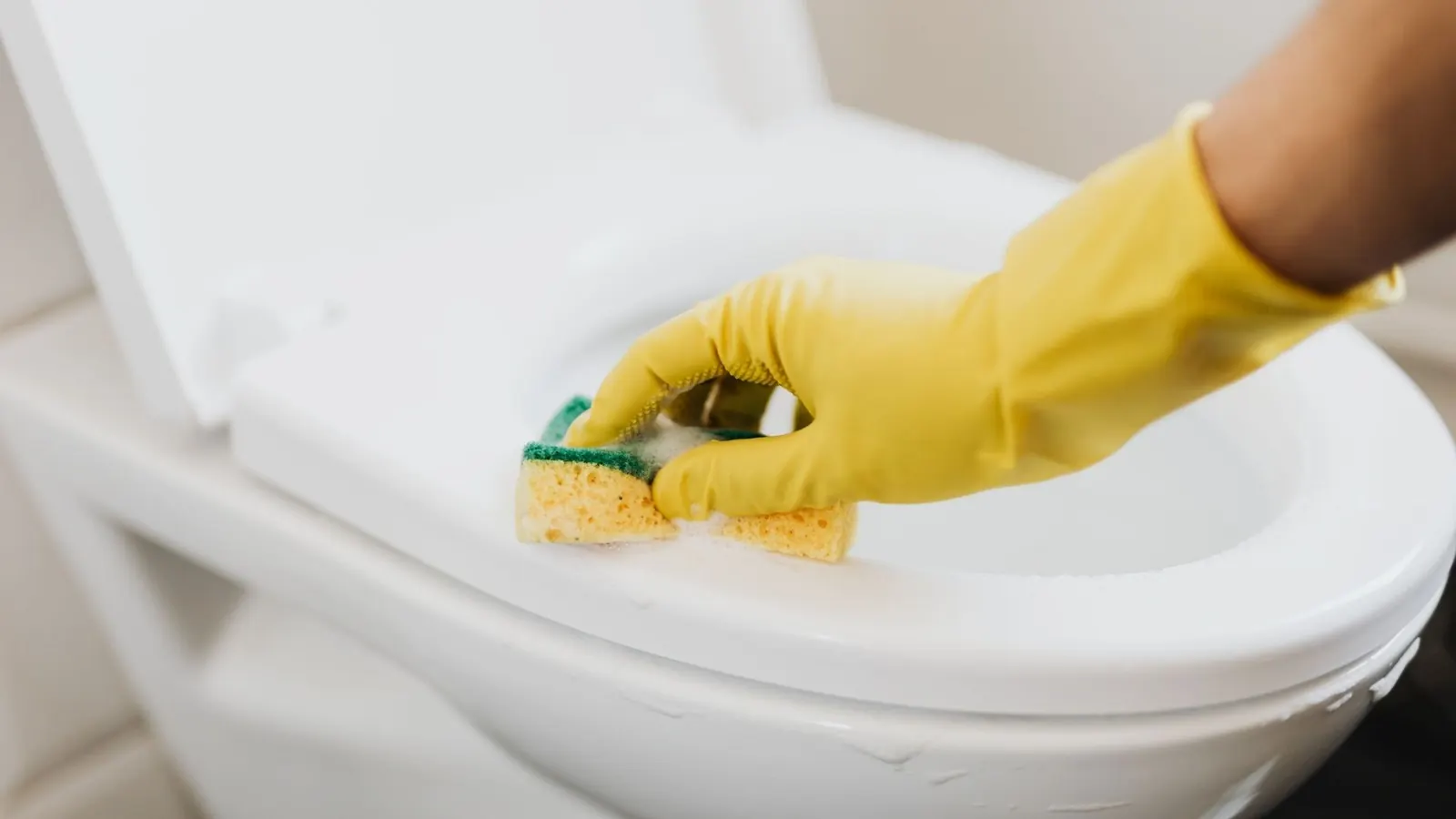 Gloved hand sanitizing toilet seat during bathroom deep cleaning