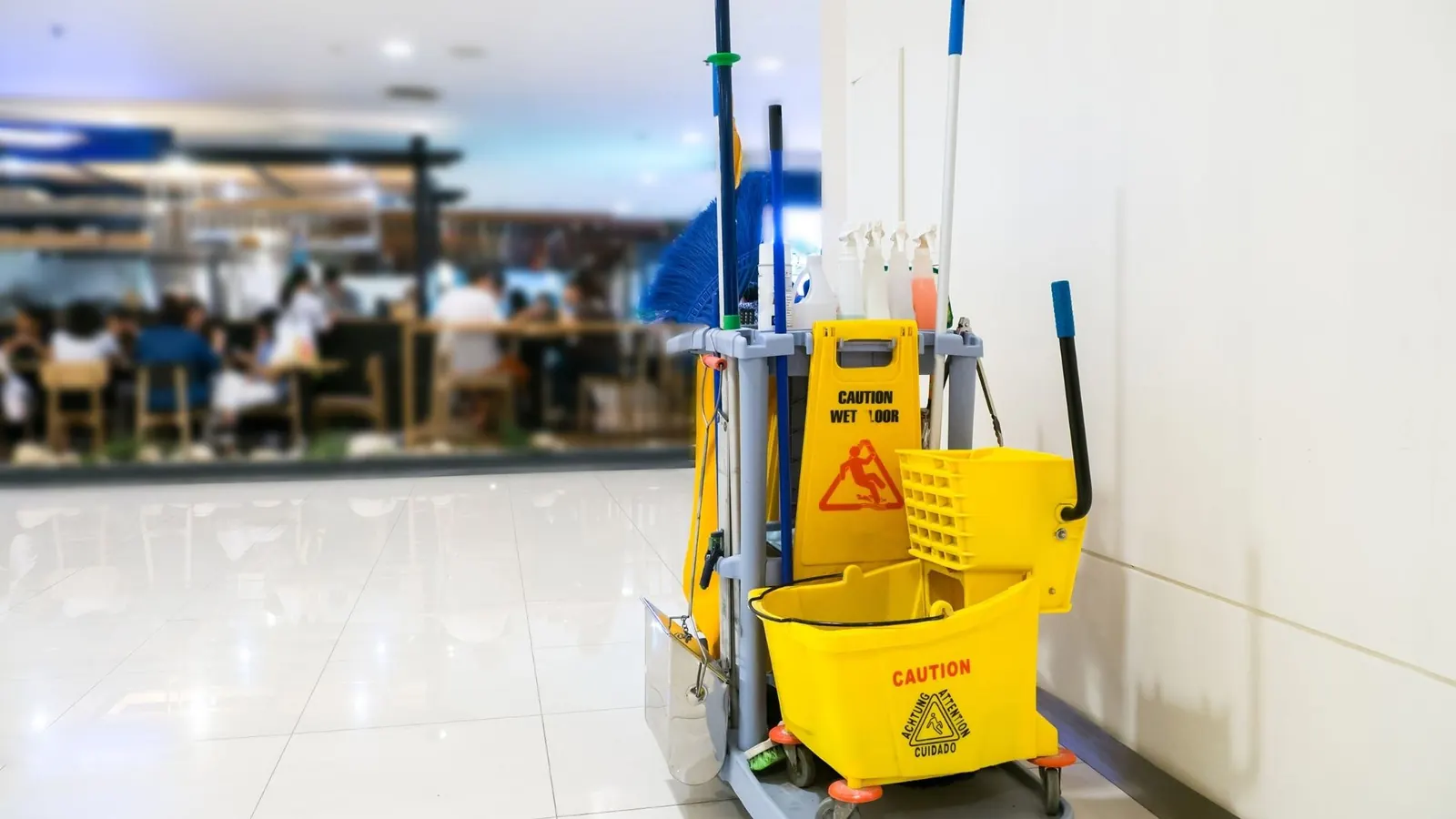 Janitorial cart and caution sign for commercial floor maintenance
