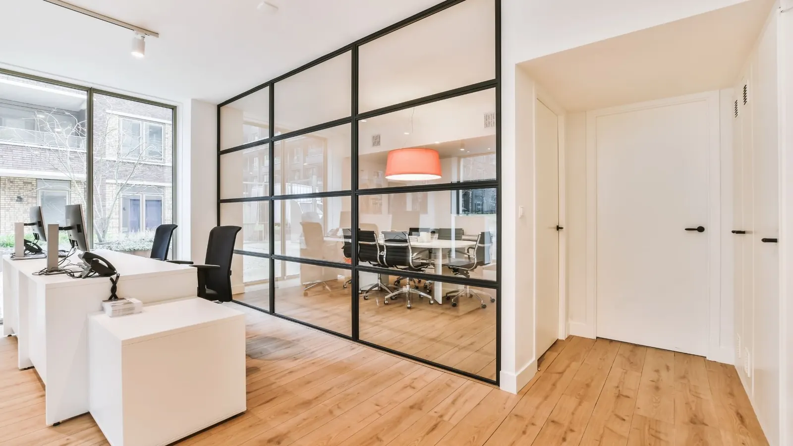 Modern office lobby and workstation area after commercial cleaning